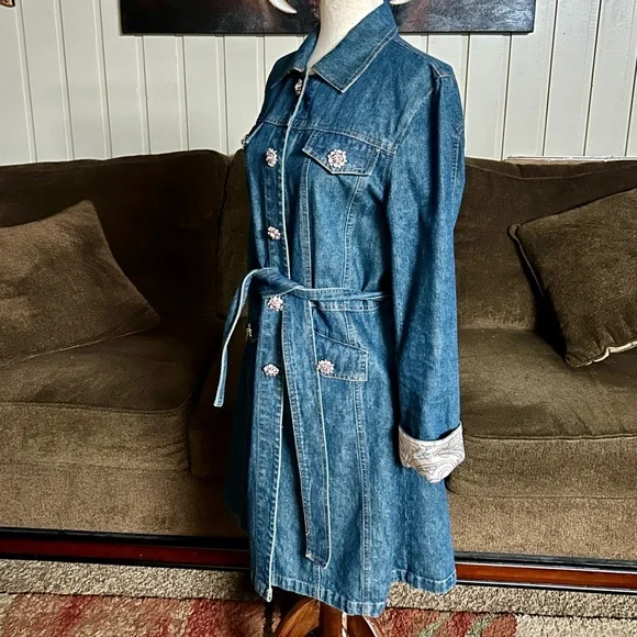 Berek • Medium • Vintage • Blue • Denim • Pink Rhinestones Buttons • Trench Coat - Picture 8 of 12
